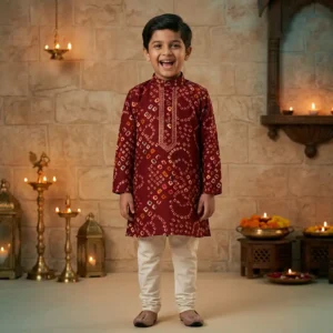 premium-red-bandhani-print-boys-kurta-pajama-for-festive-wedding-wear