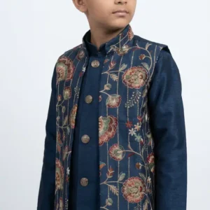 premium-navy-blue-boys-kurta-pajama-with-floral-embroidered-koti