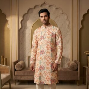 Ivory Floral Embroidered Men’s Kurta – Premium Festive & Wedding Wear