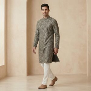 Grey Printed Cotton Men’s Kurta – Lightweight Everyday & Festive Wear