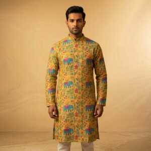 Mustard Yellow Elephant Embroidered Men’s Kurta – Premium Haldi & Festive Wear