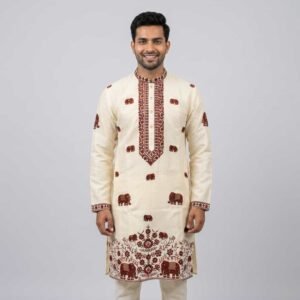 Ivory Elephant Embroidered Men’s Kurta – Royal Wedding & Festive Wear