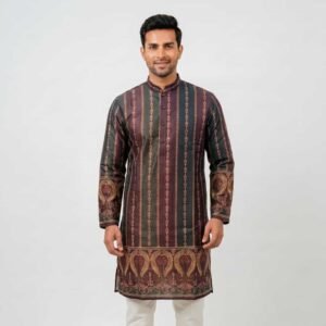 Maroon & Green Daman Printed Cotton Kurta – Festive & Occasion Wear